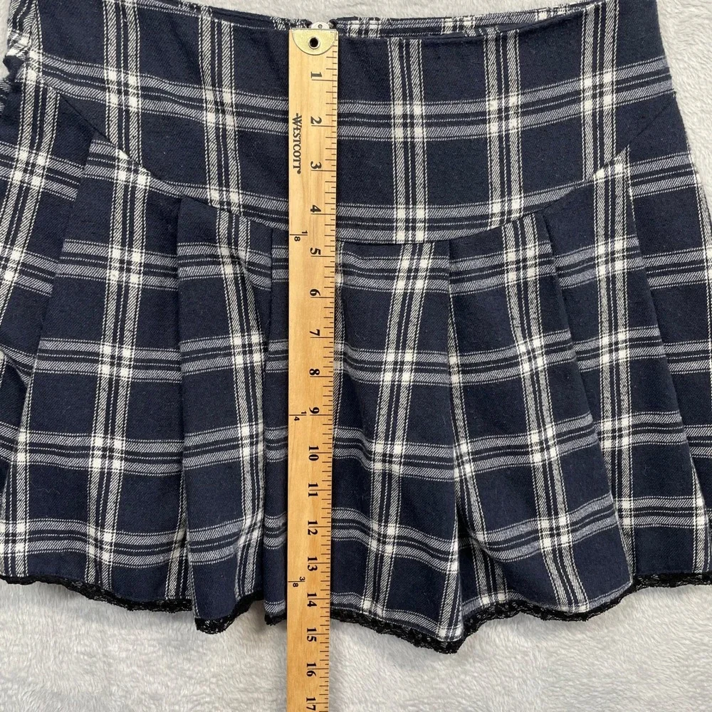 Current Mood Mini Skirt Women Large Blue Plaid Pleated Lace Trim Drop Waist Zip